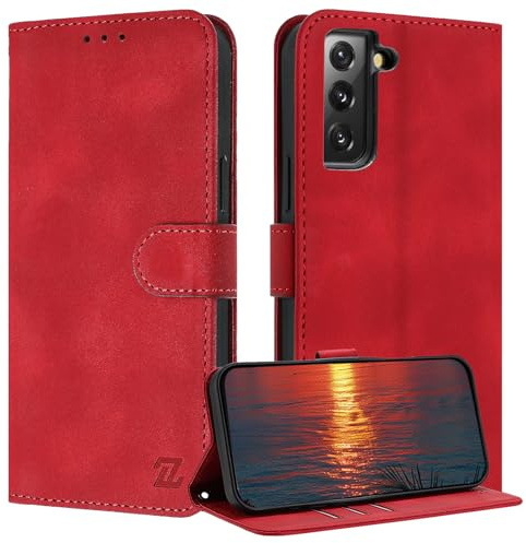 ZONNAVI für Samsung Galaxy S21 5G Hülle, [RFID Blocker] PU Lederhülle Schutzhülle mit Kartenfach, Wallet Case Stoßfeste Flip Cover für Samsung S21 5G Handyhülle (Rot)