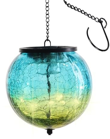 LUCOZA Solar Hängelaterne für Außen, Solar-Knisterglas-Hängender Ball für Garten Balkon Outdoor Terrasse Innenhöfe Baum, Dekorative Gartenleuchte mit Langem Ketten, Blau Grün Gelb