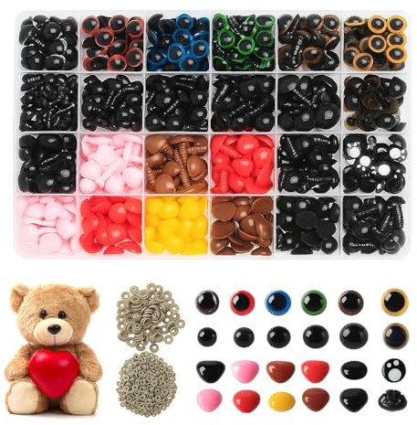 Kievano Ojos de Seguridad para Amigurumi 1040 Piezas (6–14 mm) – Kit Completo con Ojos de Colores, Narices y Arandelas – Accesorios para Crochet, Muñecas y Peluches