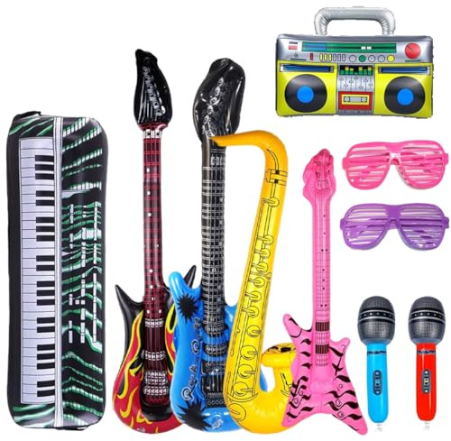 10 Pieces Inflatable Music Instrument Party Props Set Includes Saxophone, Bass, Microphone, Rock Electric Guitar and Recorder for All Music-Themed Gatherings