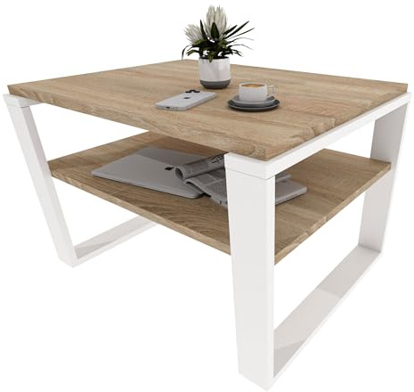 möbelkap Couchtisch 61×51 cm – Wohnzimmertisch aus Holzwerkstoff, Stabiler & moderner Kaffeetisch mit zusätzlicher Ablagefläche – Beistelltisch, Eiche Sonoma/Weiß, rechteckig