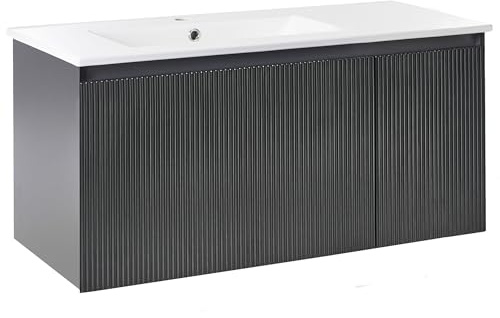 Beliani Mueble de baño suspendido con Lavabo de Madera sintética con almacenaje 100 cm Negro Tiete