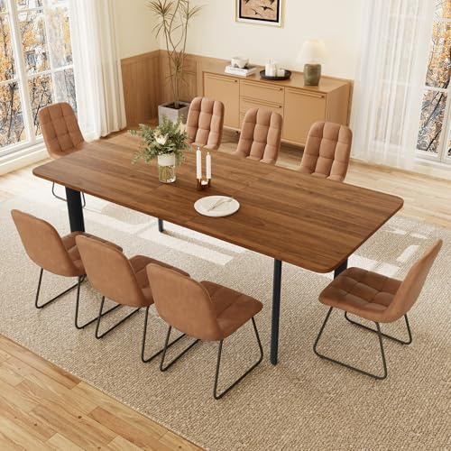 JIEXI Esstisch Mit 4-8 Stühlen Set, Essgruppe Tisch Ausziehbar, Stilvoller Moderner MDF-Platten Esstisch Für Das Wohnzimmer(160-200 cm Walnuss-Tisch + 8 braune Stühle aus PU-Leder mit U-förmigen)