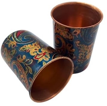 Kupferbecher 2er Set – Premium Copper Cup aus 99,9% reinem Kupfer – 250 ml Ayurveda Trinkbecher für Wasser – handgefertigt in Indien – traditioneller Kupfer Wasserbecher (Meenakari Flower)