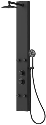 Badplaats Duschpaneel Caldera 140 x 20 cm – Schwarz – Duschset aus Aluminium mit Mischbatterie und Duschkopf