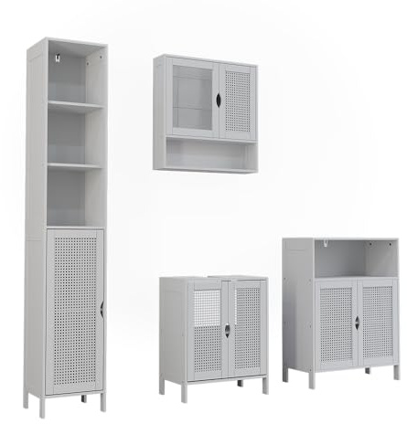 Vicco Badmöbel-Set Liora, Weiß, 48 cm, besteht aus Waschbeckenunterschrank, Spiegelschrank, Hochschrank und Midischrank