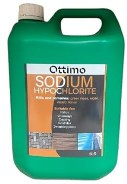 Globe way Sodium Hypochlorite 5 Litre – High Strength (14-15%) Driveway & Patio Cleaner – Concrete, Brick, Slab, UPVC, Roof & Fence Cleaner – Black Spot, Oil Stain & Odour Remover – Bleaching Agent