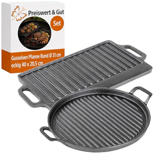 2 STK Gusseisenpfanne Rund D 31 cm, Grillplatte Länge 40 mit Griffe | Runde Servierpfanne und Grillplatte aus Gusseisen für Grill BBQ Ofen Herd Campingküche Preiswert&Gut