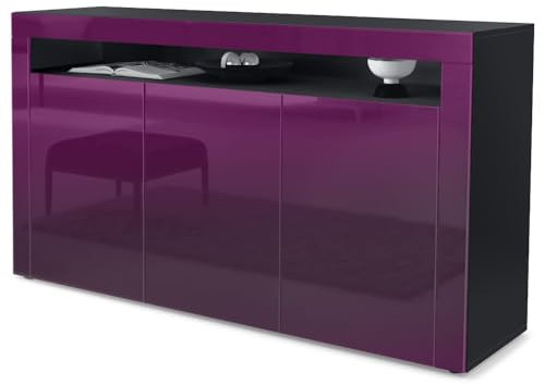Vladon Buffet Valencia, Commode avec 3 Portes et 1 Compartiment Ouvert, Noir Mat/mûre Haute Brillance/mûre Haute Brillance (155 x 92 x 40 cm)