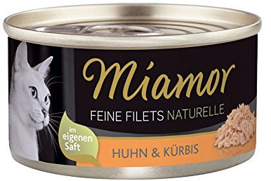 MIAMOR - Feine Filets Naturelle | Nassfutter für ausgewachsene Katzen mit Filetstückchen im eigenen Saft. Fettarmes Ergänzungsfutter in der Dose ohne künstliche Zusätze | 24x80g Huhn & Kürbis