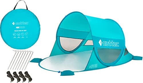 Outtec Selbstfaltendes Zelt, Pop Up Strandmuschel mit Sandtaschen, Leicht zu Tragen Gartenmuschel mit 50 UV Schutz, Wasserdicht Windschutz für Kinder und Erwachsene, Sonnenschutz, Türkis 195x120