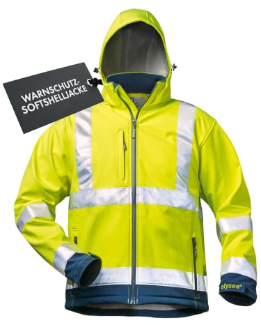 Elysee® LIAM Warnschutzjacke Softshell Arbeitsjacke, gelb/marine | reflektierende Warnjacke mit 3-Lagenlaminat, 5.000 mm Wassersäule, atmungsaktive Sicherheitswarnjacke, abnehmbare Kapuze