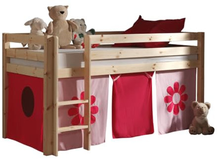 VIPACK PICOHSZG1073 Spielbett Pino mit Textilset Pink Flower, Maße 210 x 114 x 106 cm, Liegefläche 90 x 200 cm, Kiefer massiv Natur lackiert