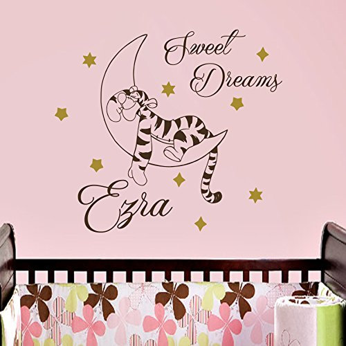 Vinyl Wandtattoo Zitat Sweet Dreams Winnie Puuh the Pooh Tiger Gute Nacht mit Namen für Mädchen Junge Kinder Wandaufkleber Wandsticker Wanddekoration für Schlafzimmer Kinderzimmer Babyzimmer A346