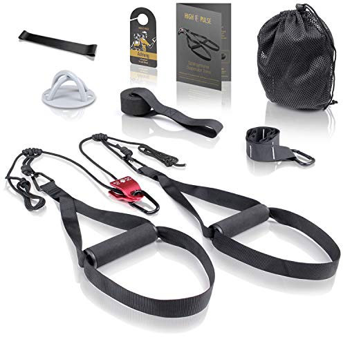 High Pulse Allenamento Sospensione (Set di 7 Accessori) – Suspension Training da casa inclusivo di carrucola, Ancoraggio Porta, Muro, Poster, Borsa, Fascia Fitness e Cartello Porta, TRX
