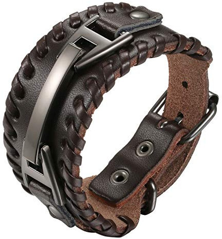 Cupimatch Breites Wickelarmband Herren Leder Armband Geflochten Fleschtarmband Armreif Seil Jungen Länge Verstellbar 15-20cm, Braun