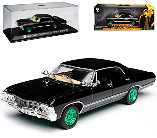Greenlight Chevrolet Impala Sport Sedan Limousine Schwarz Supernatural Join The Hunt 1965-1970 mit grünen Felgen 1/43 Modell Auto mit individiuellem Wunschkennzeichen