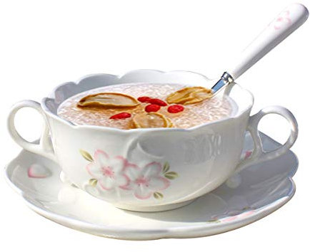 YBK Tech Tasse à petit-déjeuner en porcelaine anglaise avec soucoupe et cuillère (blanc)