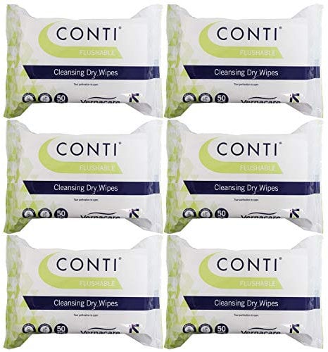 Conti Flushable - Patient Cleansing Dry Wipes, Maceratable Highly Dispersible Full Body Wash Cloths, Wipe Size 33cm x 22cm, 50 Wipes Per Pack - 6 Pack