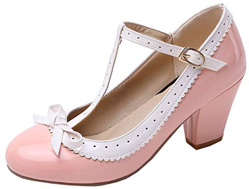 Etebella Damen T Strap High Heels Lack Pumps mit Blockabsatz und Schleife Rockabilly Vintage Schuhe (Rosa,40)