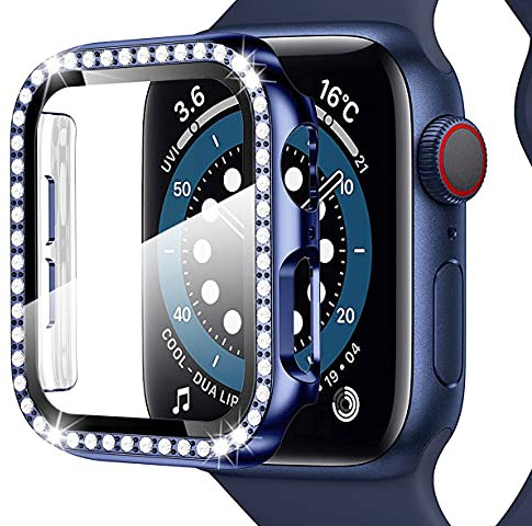 Miimall Kompatibel mit Apple Watch Series 6/SE/5/4 40mm Hülle mit mit Glas Displayschutz, Strass Glitzer Harter PC Schutzhülle Kratzfest Schutzfolie Schutz Case für iWatch Serie 5/4 - Blau