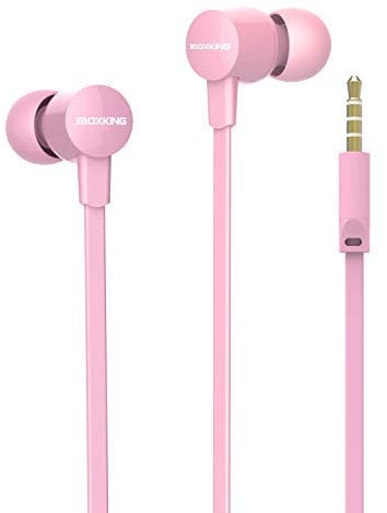 MOXKING Wired Tangle Free Earphones With for kids women small ears, Comfortable and Lightweight Flat Cable Ear bud with Microphone and Volume Control for Cell Phone Laptop (Pink)