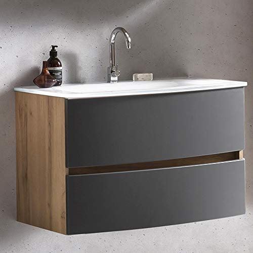 Lomadox Waschtisch Bad 80 cm Wotaneiche Nb. mit matt grau inkl. Glaswaschbecken weiß, BxHxT: ca. 80x53x49 cm