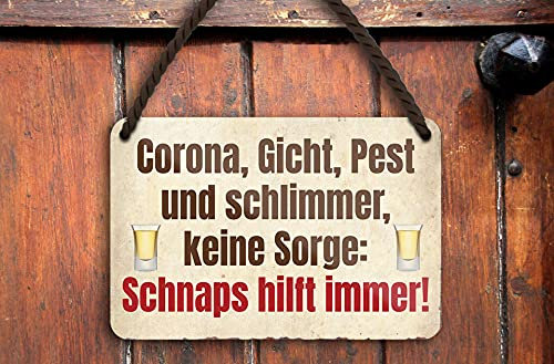 schilderkreis24 – Blechschild Lustiger Spruch Deko Küche Bar Theke Biergarten Stammtisch Kneipe Humor witzige Geschenkidee Geburtstag Weihnachten 18x12 cm (B - Corona Schnaps)