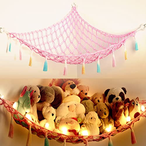 Yewiwin Stofftier-Netz oder Hängematte mit Licht, Makramee-Hängematte für Stofftiere, Spielzeug, Aufbewahrung, Organizer, Boho-Dekoration, Raumhalter für Kinderzimmer, Spielzimmer, Schlafzimmer (rosa)
