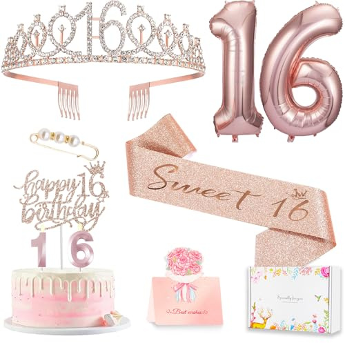 16. Geburtstag Mädchen Deko Set – Schärpe und Tiara, Pop Up Karte, Cake Topper, Zahlenkerzen und Luftballons – Geschenk zum 16. Geburtstag