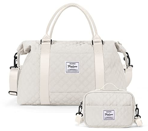 Reisetasche Damen Sporttasche Handgepäck Tasche,Weekend Bag mit Kulturbeutel&Nasstasche,Wasserdicht Schwimmtasche Travel Duffle Bag,Fitnesstasche Trainingstasche Frauen Tragetasche, Beige
