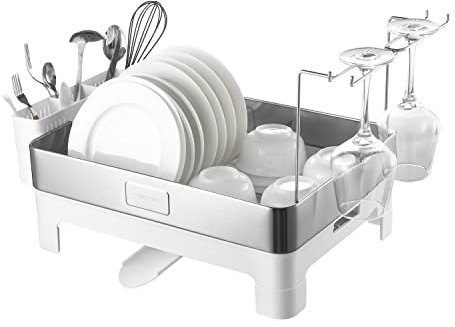 happimess Escurridor de Platos con Bandeja giratoria de Boquilla y Copa de Vino, Soporte para Utensilios, plástico de Acero Inoxidable, Plata/Blanco, 20.5 Pulgadas