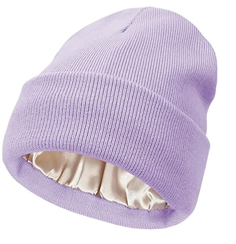 Mukeyo Damen Satin gefütterte Strickmütze Beanie Mütze Winter Warm Bündchen Strick Seidenfutter Weich Zopfkull Cap