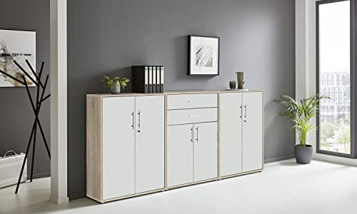 Schrankwand TABOR 15 Büroregal Aktenschrank Büroschrank abschließbar in diversen Farbvarianten (Sonoma Eiche/weiß matt)