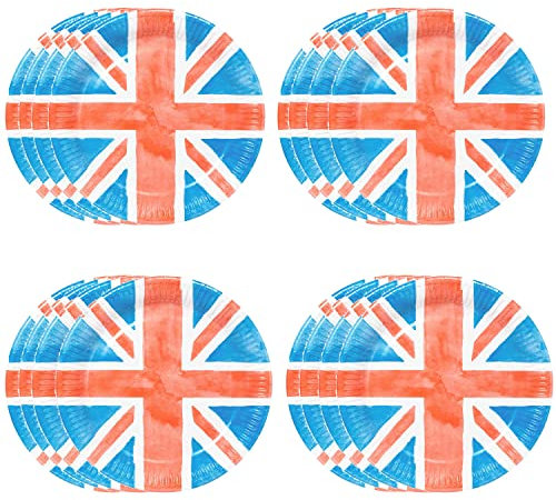 Talking Tables Lot de 24 assiettes jetables en papier Motif Union Jack King Charles - Décorations de table - Rouge, blanc, bleu