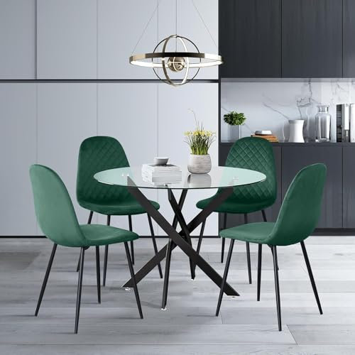 GOLDFAN Table à Manger Ronde en Verre avec 4 Chaises de Style Modern en Velours Vert (Noir + Vert)