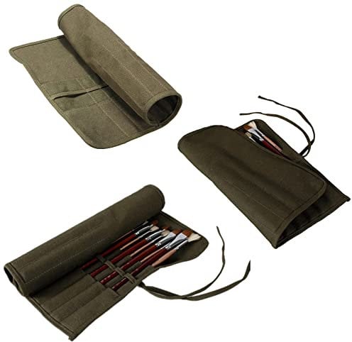 Manwetye Army Green Canvas Paint Brush Roll with 30 Slots - Artist Brush Holder for Acrylic, Oil, Watercolor & Gouache Brushes, Portable Roll Up Storage Pouch for Drawing & Painting