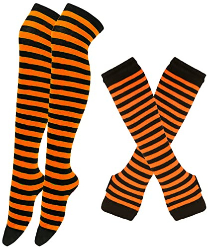Thajaling Damen gestreifte kniestrümpfe, overknee strümpfe，Damen Thigh highs Fingerlose Handschuhe Kniehohe Socken Set, Gestreifte Lange Socken Hole Fäustlinge