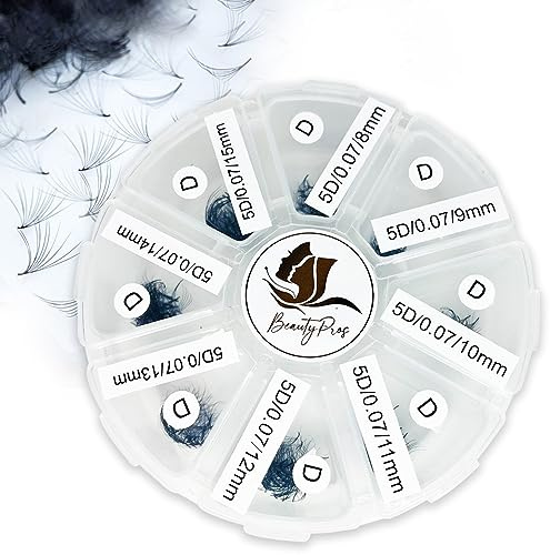 BeautyPros 5D Premade Volume Lash Extension Kit- 5D Mixed Tray 1000 Premade Fans Eyelash Extensions - Promade Lash Fans Pointed Handmade Premade - Loose Fans Thin Base (5D C-Curl 9-16mm)