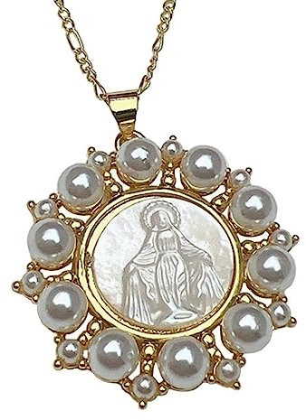 KETLIXS Perlmutt Jungfrau Maria Medaillen Halskette,18 Karat Vergoldete Perlenkette for Damen,Religiöser Glaube Anhänger