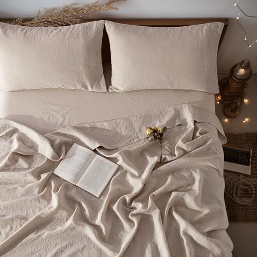 LBR02M - Set di lenzuola in 100% lino, per letto queen size, 4 pezzi, tinta unita, morbide e traspiranti, con tasca profonda 40,6 cm, per tutte le stagioni (Queen size, lino)