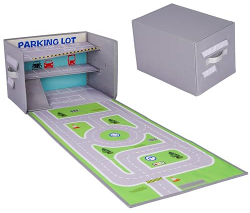 Edsnor Boîte de rangement garage voiture jouet - Boîte de rangement pour voiture jouet Boîte de voiture jouet pour garçon avec tapis de rugby de voiture (voiture non incluse)