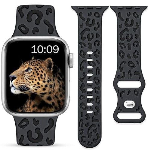 Ocaer Kompatibel mit Apple Watch 46mm 45mm 44mm 49mm 42mm, Leopard Gravierte Weiches Silikon iWatch Armband für Apple Watch Series 10 9 8 7 6 5 4 3 2 1 SE Ultra 2/1, Sport Band für Damen(Schwarz)