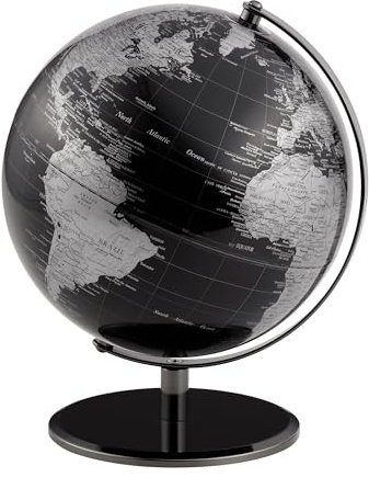 Globus mit 25 cm Durchmesser – PLANET – schwarzer Metallfuß – bewegliche Achse – schwarz, silberfarben – TROIKA Original