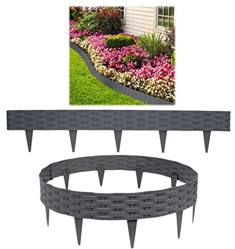 HENGMEI Rasenkanten Kunststoff Beetumrandungen 50m Beetumrandung Gartenpalisade Mähkante 50 stücke Rattan-Optik Randsteine Palisaden Gartenzaun, Anthrazit