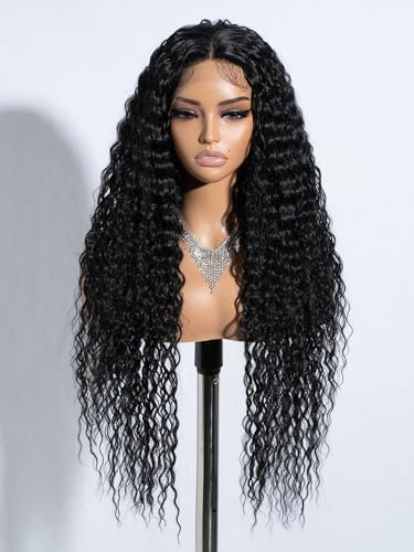Joedir schwarze Perücken für Frauen lange tief lockig gewellt Spitze vorne synthetische Perücken glueless Spitze Perücke 76 cm mittleren Teil Perücke für den täglichen Gebrauch Partei