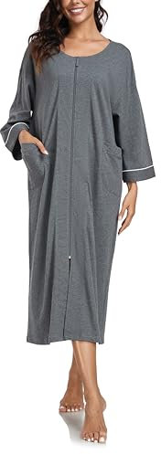 COLORFULLEAF Damen Bademantel mit Reissverschluss 100% Baumwolle Leicht Morgenmantel Hausmantel Damen Lang mit Taschen M-XXL(Dunkelgrau,XL)