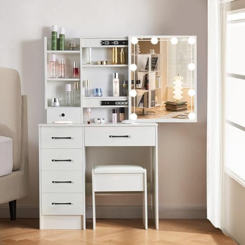 Buildonely Schminktisch mit LED Beleuchtung, Kosmetiktisch mit Spiegel für Make up, 3 Farben mit Einstellbarer Helligkeit, Frisiertisch mit 3 offenen Fächern, 6 Schubladen, 1 Hocker, Modern, Weiß
