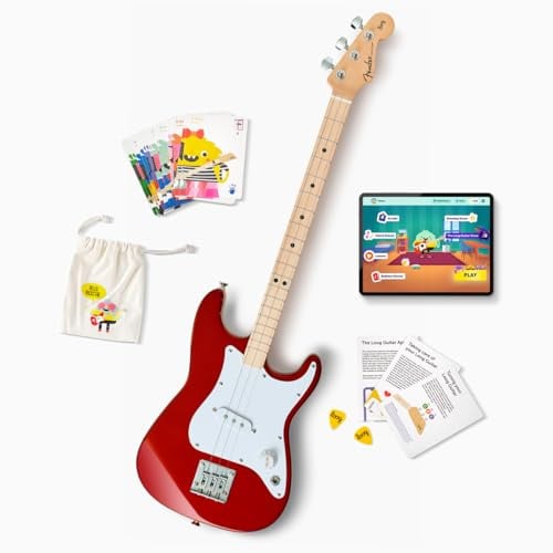 Fender x Loog 3-saitige Stratocaster-E-Kinder-Gitarre, 3-saitig, Anfänger-Set (Candy Apfelrot)