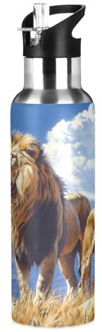 Wzzzsun Rey Reina León Animal Botella de Agua Deportes con Pajita, Botellas Termica Acero Inoxidable 600ML Sin BPA para Niños Deportiva Gimnasio Ciclismo Escuela